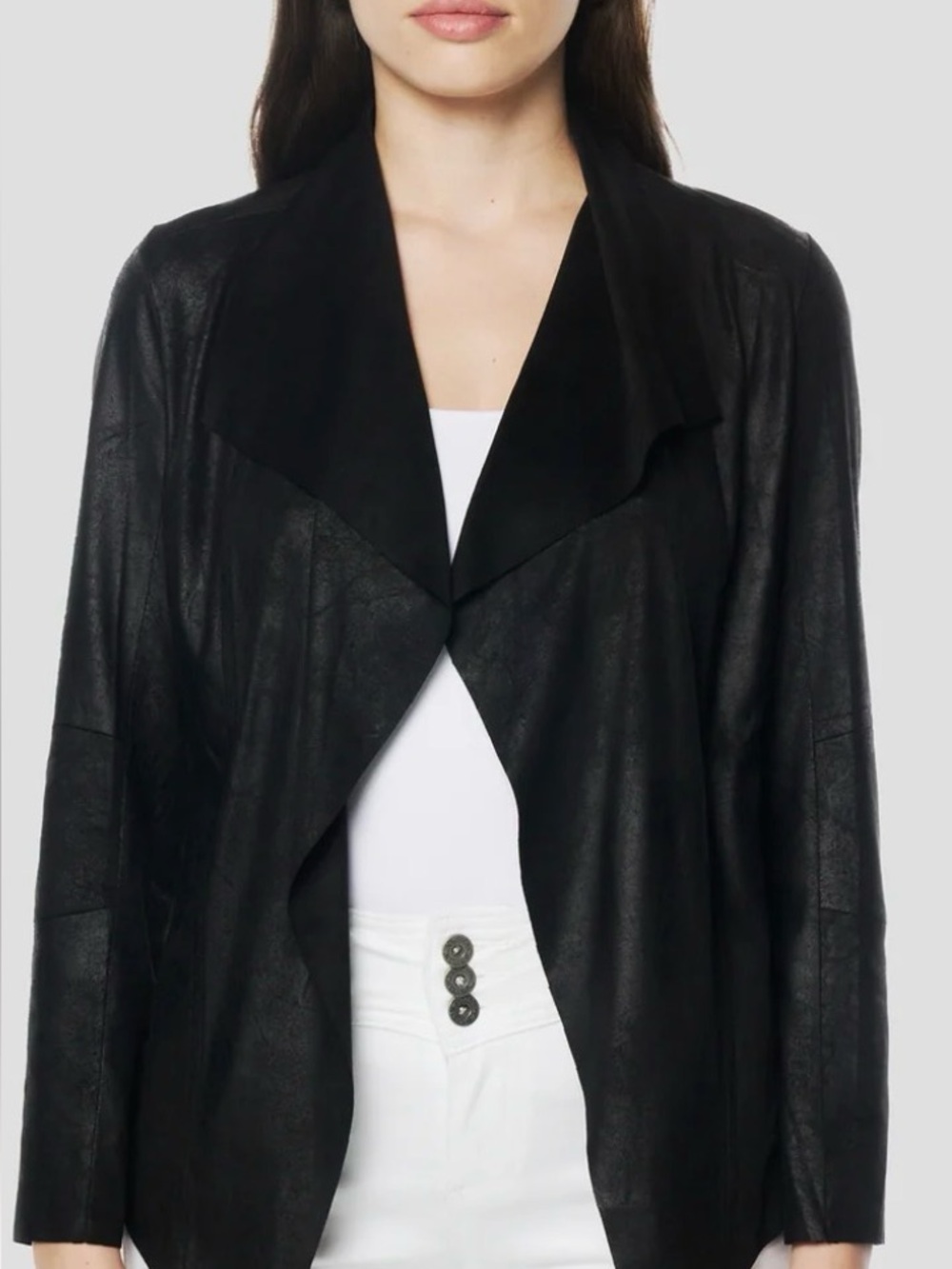 Vero Moda Vegan Suede Waterfall Drape Open Front Asymmetric Zip Jacket Black 10